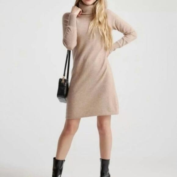 NWT Quince Lightweight Mongolian Cashmere Turtleneck Sweater Dress in Oatmeal - Picture 1 of 8